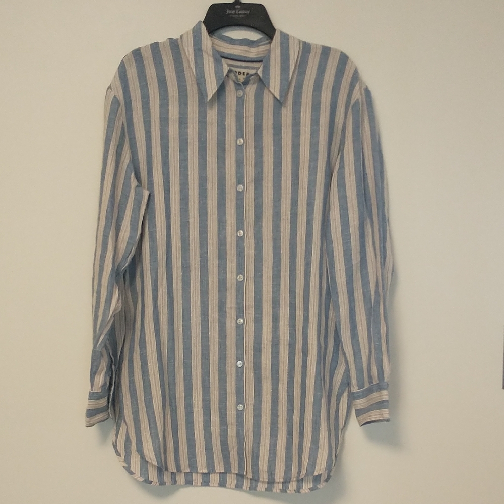 NWT Boden Blue White Metallic Stripe Linen Casual Button Down Shirt US 4R